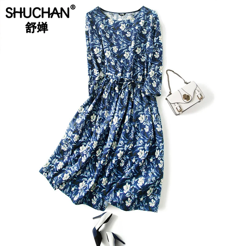 

Shuchan Chinese Style Print Natural Silk Print Dress with 3/4 Sleeve O-Neck Knee-Length Loose Women Clothes Elegant Dress A0177