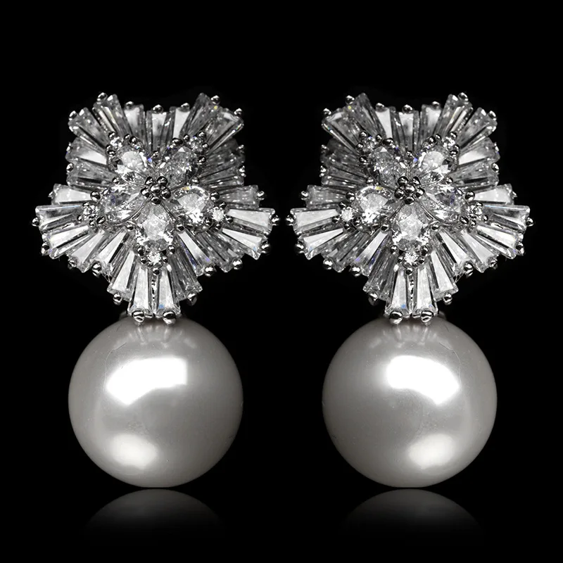 AAA+ модная мозаика Премиум кубического циркония Астра серебряные серьги-гвоздики с жемчугом Ювелирные изделия для женщин свадьбы