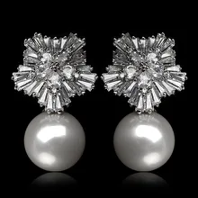 AAA+ модная мозаика Премиум кубического циркония Астра серебряные серьги-гвоздики с жемчугом Ювелирные изделия для женщин свадьбы