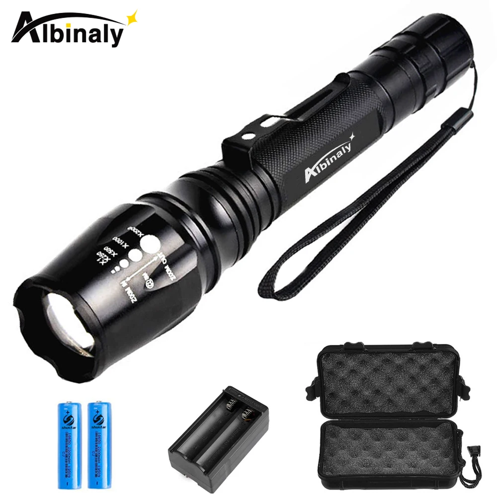 

Ultra Bright LED flashlight CREE XML-T6/L2 Led flashlight torch 5 modes 8000 Lumens Zoomable torch +2x18650 battery + charger