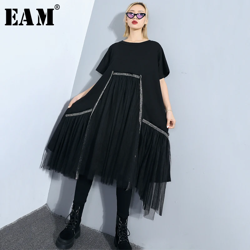 

[EAM] 2019 New Spring Summer Round Neck Short Sleeve Rivet Split Joint Mesh Loose Big Size Black Dress Women Fashion Tide JQ31