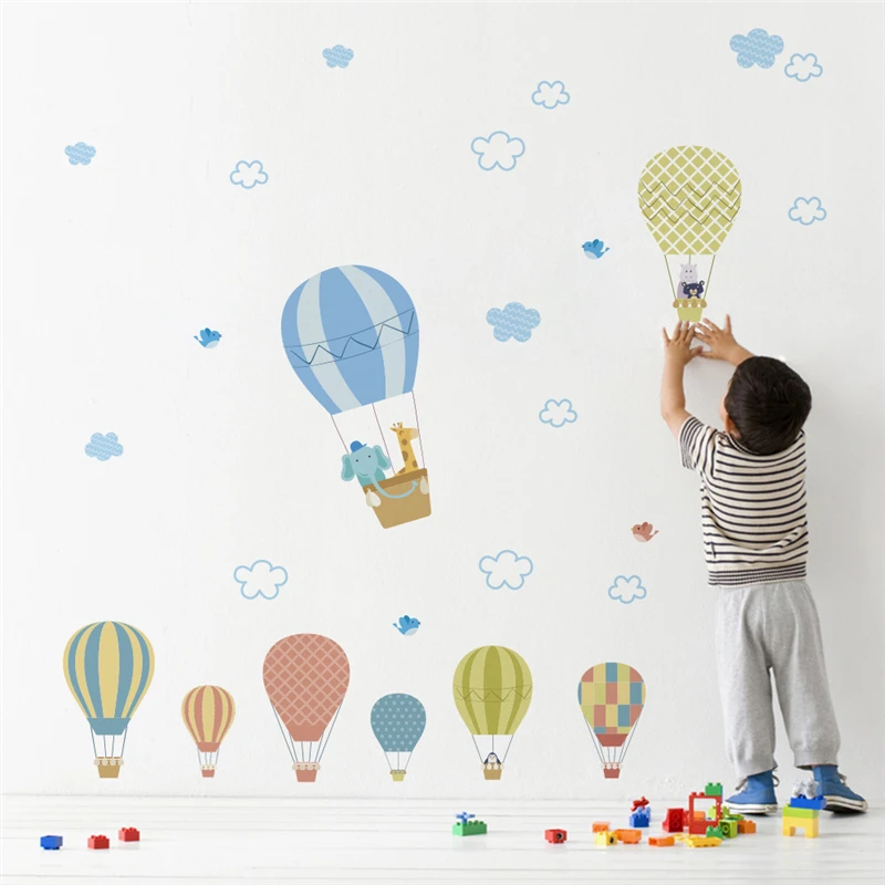 Cartoon Animals Hot Air Balloon Car Wall Stickers For Kids Rooms Home Decor Pvc Wall Decals Diy Mural Art Posters