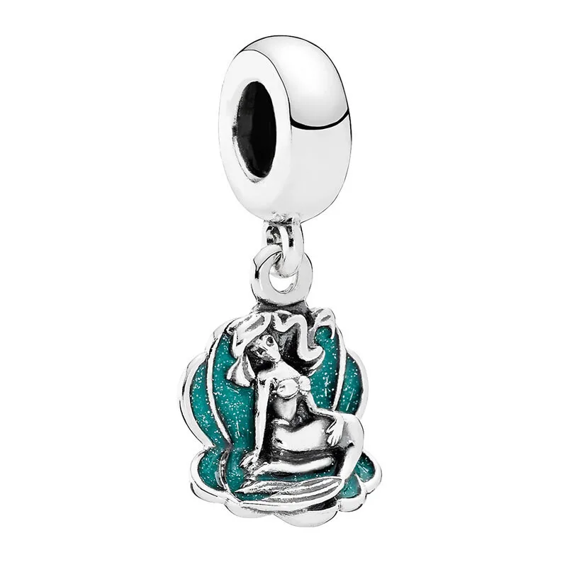 

New 925 Sterling Silver Disny Ariel with Sea Shell Dangle Pendant Charms Green Enamel Fit Original Pandora Charms Bracelet