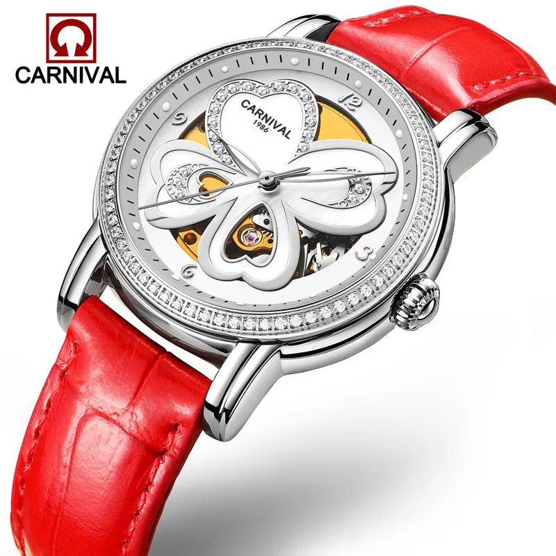 

Automatic Watches relogio feminino CARNIVAL Luxury Women Mechanical Wristwatch Red Leather Skeleton Watch Luminous Sapphire 2018