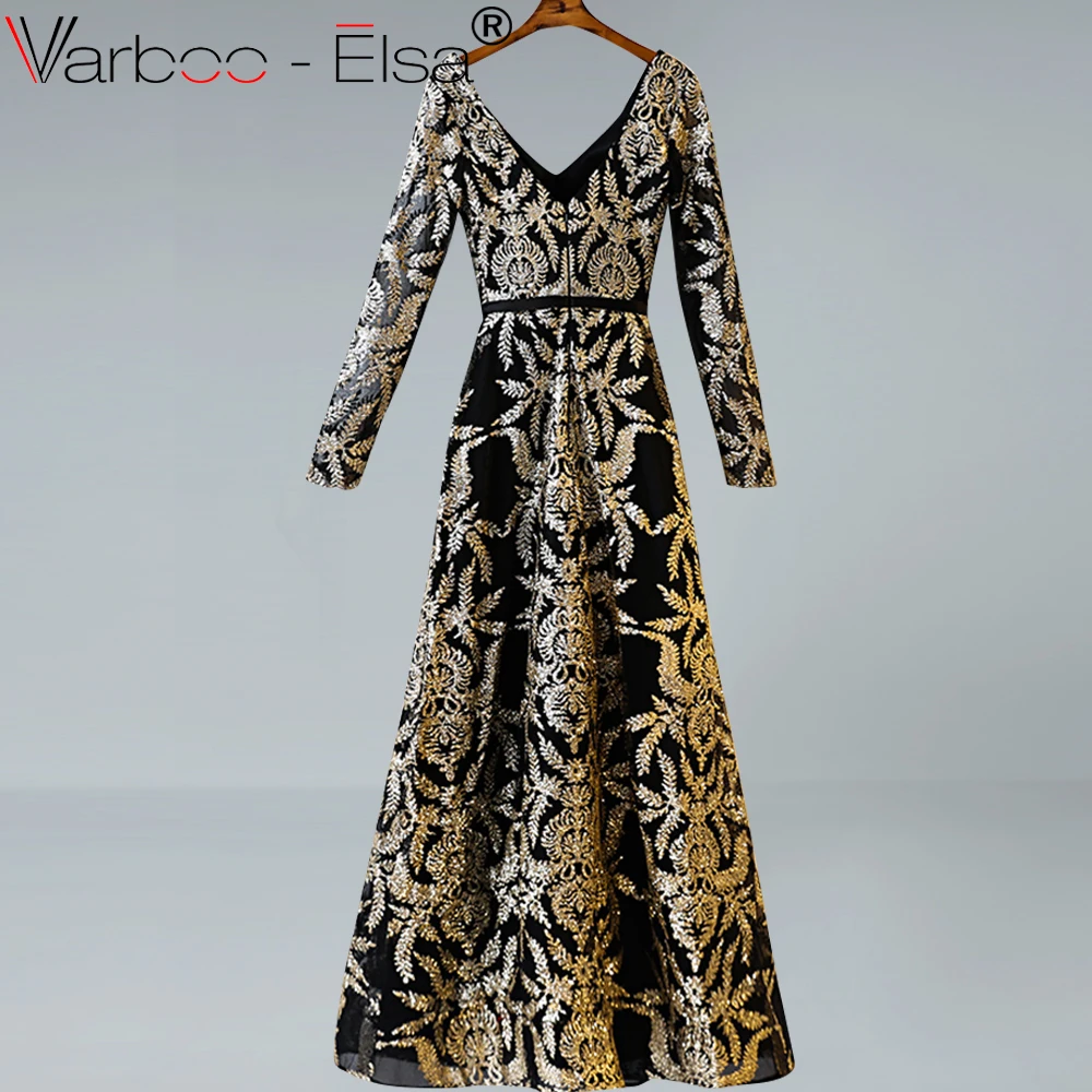 VARBOO_ELSA сексуальное платье с v-образным вырезом черного и золотого цвета с блестками Длинные Выпускные платья официальное вечернее платье роскошное арабское вечернее платье