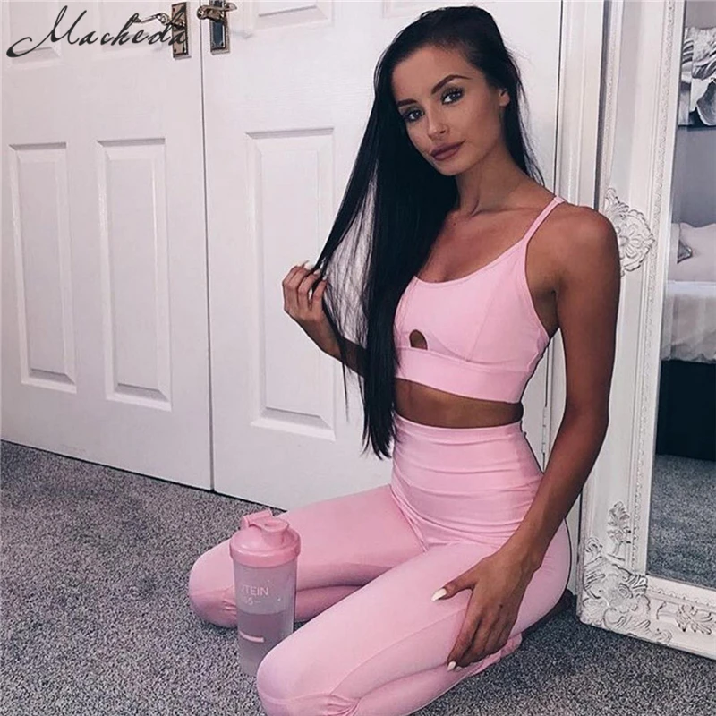

Macheda 2017 New Women Fashion Hollow Out Tracksuit Sexy Slim Fitness Vest Crop Top High Waist Elastic Pant Pink Workout Set