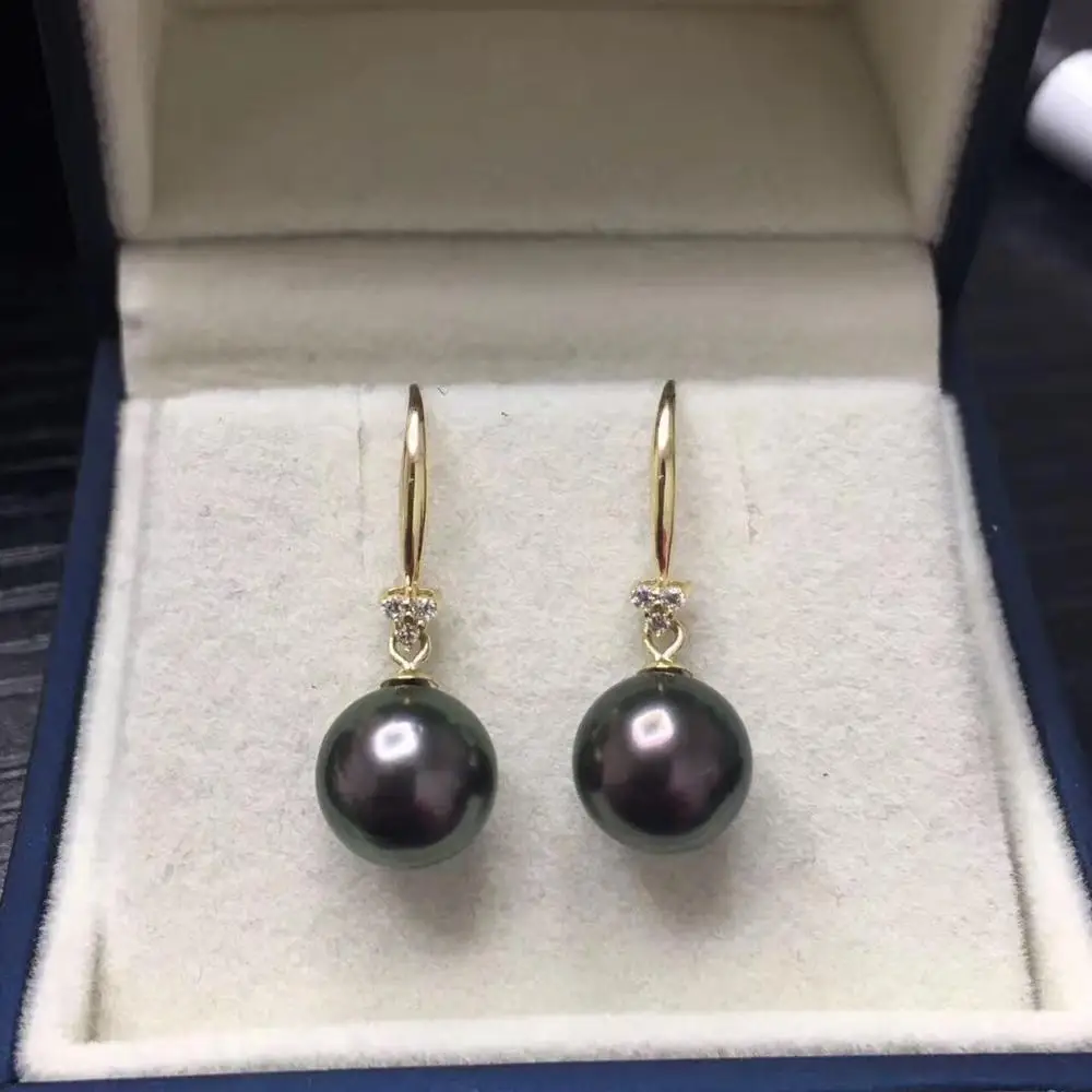 

pair of AAA++ 10-11mm round tahitian black green pearl earring yellow gold