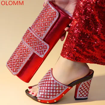 

OLOMM Red Shoes with Matching Bags Set Decorated with Rhinestone Nigerian Shoes and Matching Bags African Shoes and Bags .Y-14