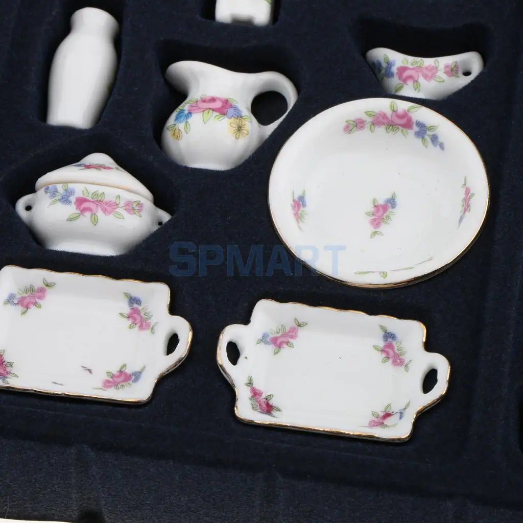 40 Pieces 1/12 Scale Rose Flowers Porcelain China Tea Set Pot Cup Saucer Plate for 12th Dolls House Decoration Accessories