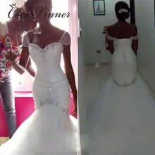 Свадебные платья с кристаллами и бусинами в африканском стиле «Русалочка», с коротким рукавом, на шнуровке, свадебное платье белого цвета, большие размеры, свадебное платье W0228