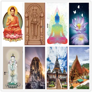 

One Whole Piece/77*200CM Oriental Style Buddhist Door Sticker Self-adhesive Door Wallpaper Home Decor Living Room Bedroom Decals