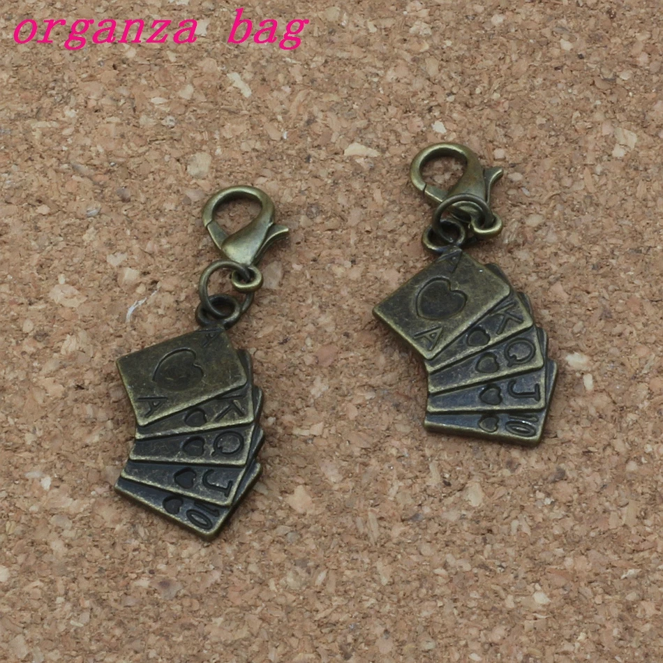 

100Pcs/lots Antique Bronze Playing cards alloy Charms Bead with Lobster clasp Fit Charm Bracelet DIY Jewelry 13x38.5mm A-332b