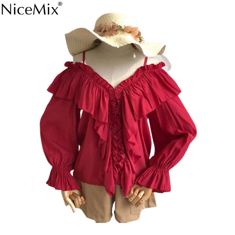 

NiceMix new fashion brands Women's Clothing Blouses autumn off shoulder chiffon Shirts Female ruffles flare sleeve tops vetement