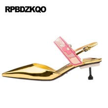 Pointed Toe Classic Slingback Kitten Heel Gold Patent Leather Sandals