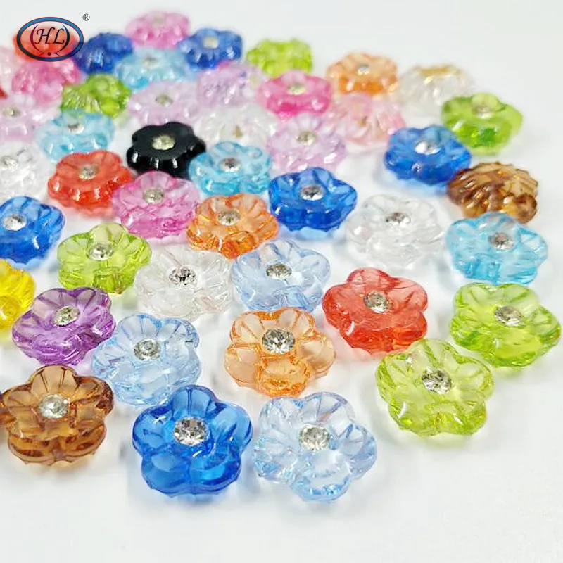 

HL 40pcs 15mm flower shape acrylic buttons with rhinestones kid's apparel sewing accessories mix colors DIY crafts A1001