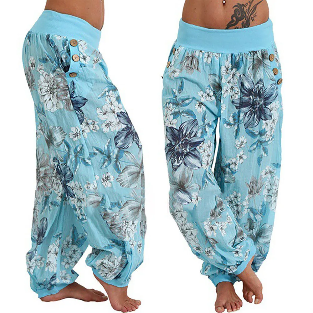 

2018 Autumn High Quality Cool Fashion Women Casual Print Pants Wide Leg Pants Loose Pocket Button Harem Pants