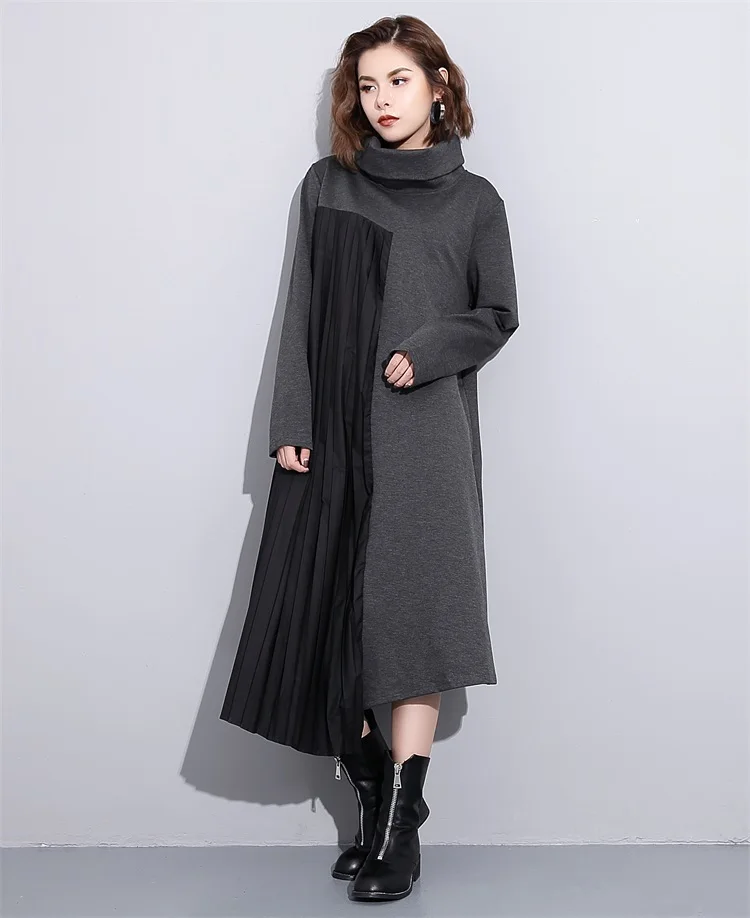 

2017 new autumn solid color high neck long sleeve pleated split joint loose big size dress women fasihon tide