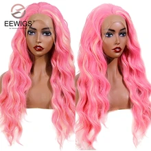 EEWIGS термостойкие синтетические парики на кружеве Выделите розовые волнистые парики Омбре часть косплей вечерние парики для черных женщин