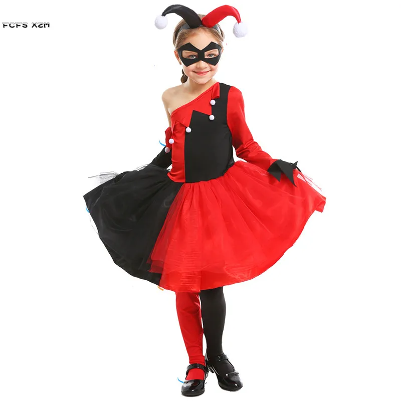 

Girls Halloween suicide squad Harley Quinn Costume Kids Children Circus Clown droll Joker Cosplay Carnival Purim Role play dress