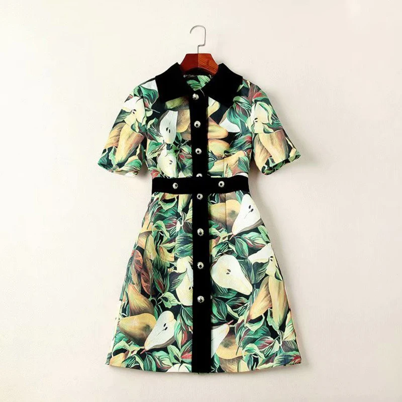 

HIGH QUALITY Newest 2019 Runway Dress Women's Short Sleeve Fruit Print Shirt Dress
