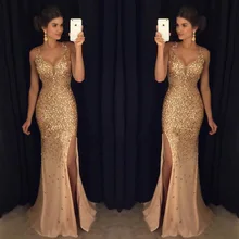 Золотая вышитая бисером кристаллическая Русалка платья для выпускного вечера vestido de fiesta Сексуальные вечерние платья с разрезом по бокам Платья для особых случаев