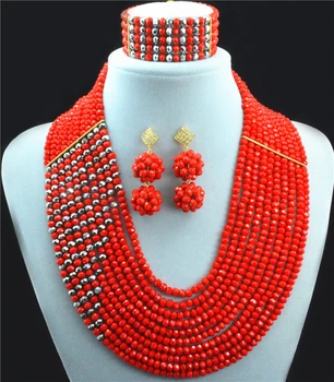 

African Wedding Beads Bridal Jewelry Sets Red Crystal Nigerian Beads Necklace African Costume Jewelry Set Free Shipping10001-3