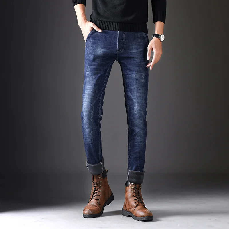 New Winter Thick warm Jeans Men High Quality Casual Washed Cotton Skinn Stretch Jeans Hip Hop Elasticity Slim Denim Jeans Pants