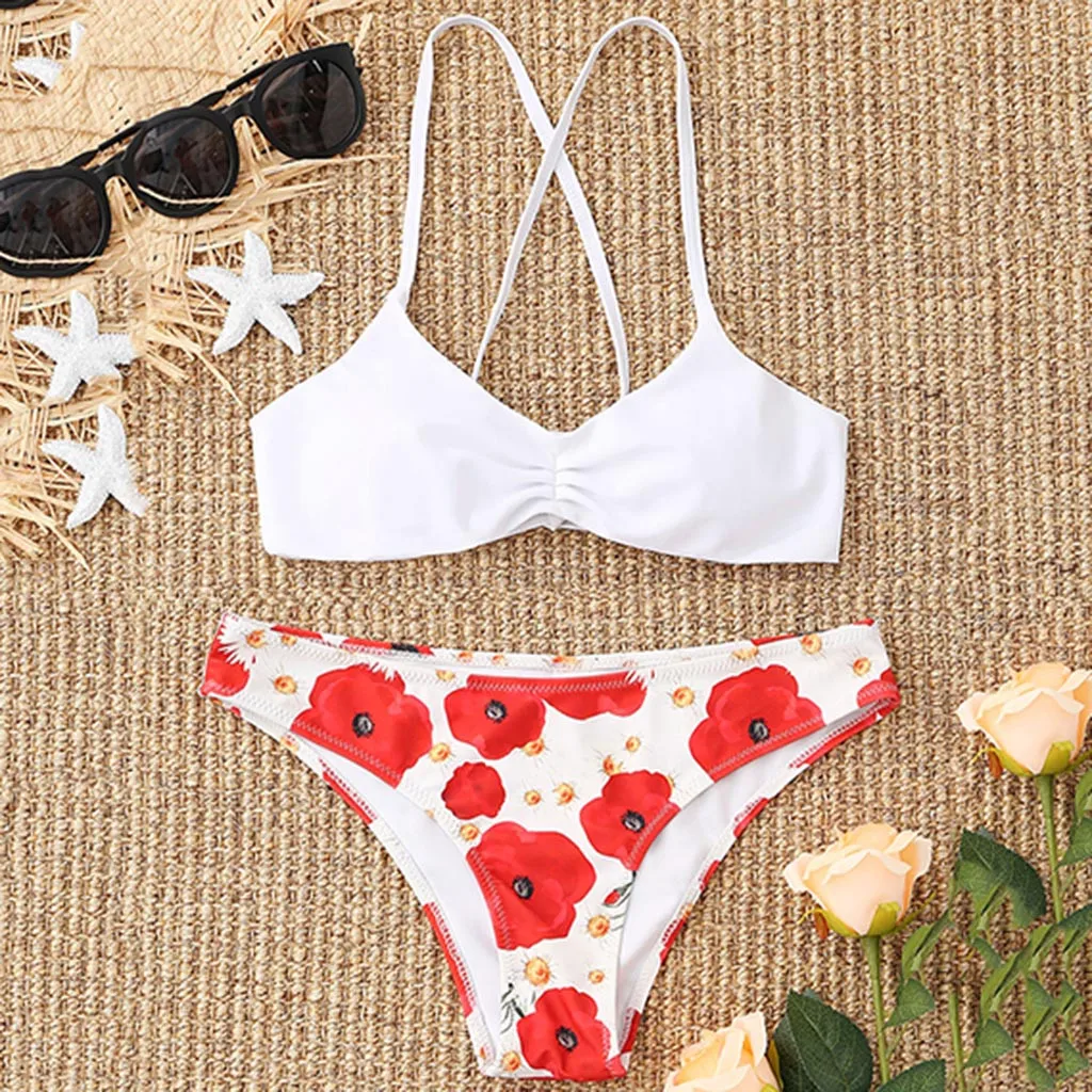 

Sexy Women Floral Print Solid Color White Push-Up Padded Bra Beach Micro Bikini Set Swimsuit Two Piece Beachwear Summer Swimwear