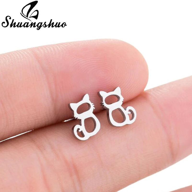 

Shuangshuo Korean Fashion Cute Cat Earrings for Women Stainless Steel Jewelry Animal Stud Earrings Silver Accessories brincos