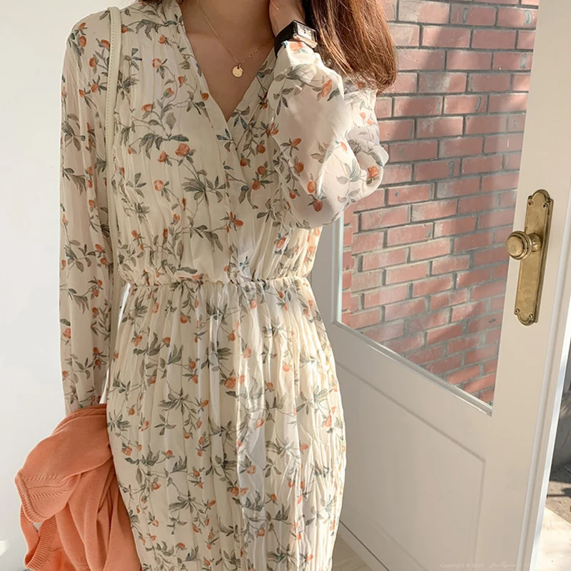 BGTEEVER Elegant Ruched Floral Print Women Summer Dress Sexy V-neck Full Sleeve Female Long Dresses 2019 Summer Chiffon Vestidos