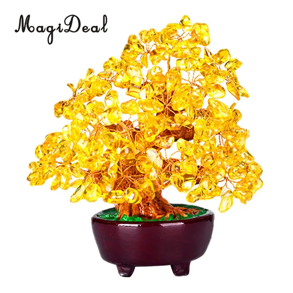 7'' Natual Crystal Money Tree Bonsai Style Feng Shui Wealth and Luck Tree -Yellow