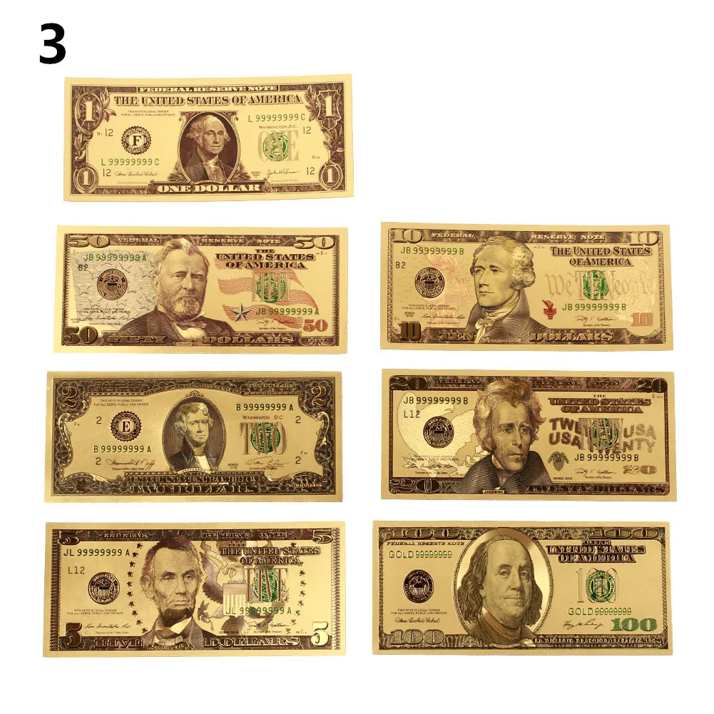 

High Quality 7PCS/Set 1 2 5 10 20 50 100 Dollar Commemorative Notes Banknotes Gold Antique Plated USA Fake Money Antique