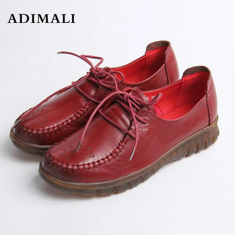

2018 Women Fashion Handmade Genuine Leather Shoes Female Autumn Vintage Round Toe Flat Shoes Comfort Lace Up Platform sneakers