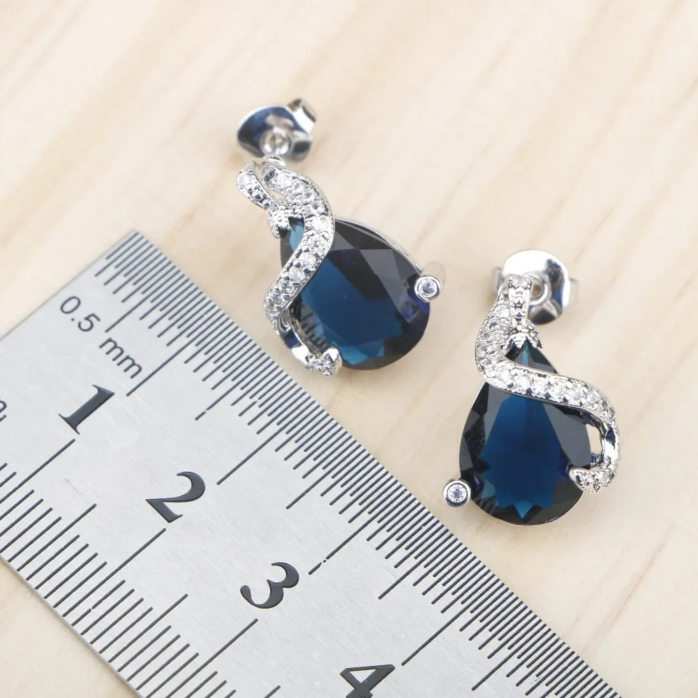 Серебряные 925 Ювелирные наборы для женщин, браслеты/ожерелье/Подвеска/серьги-гвоздики/кольца, свадебный набор с голубыми камнями, коробка