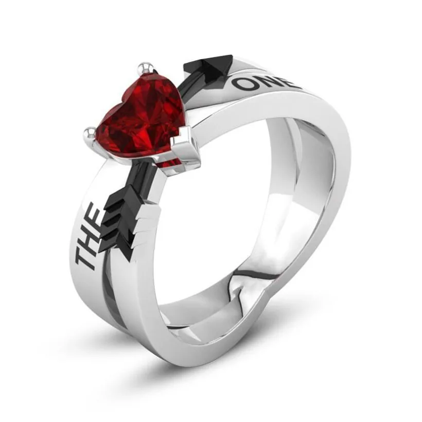 

Fashion Women Silver Color Red Crystal Stone Wedding Ring The One Black Arrow Female Engagement Party Ring Gift Jewelry RZ365