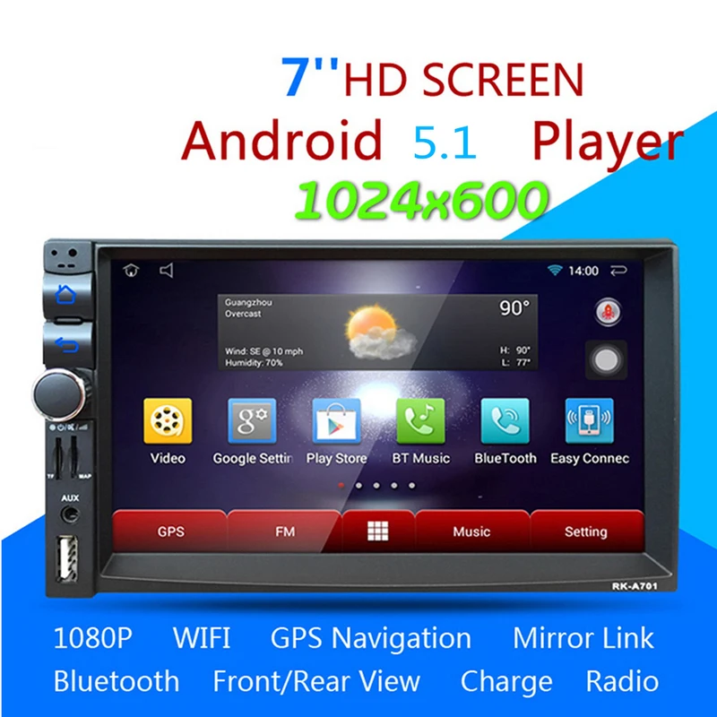 

RK-A701 7inch 2Din Touch Screen Car Media Stereo Player Android 4.4 Quad-core GPS Navigation Handsfree Bluetooth MP5 Player