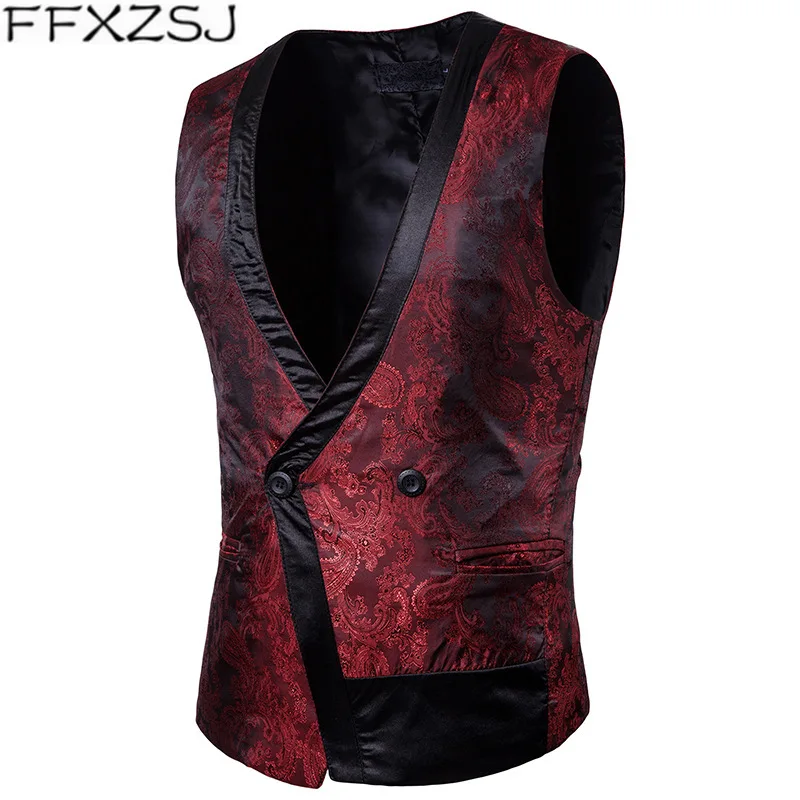 

FFXZSJ Brand Men 2019 New Fashion Patchworked Male One Button Floral Print Sleeveless Formal Wedding Solid Vest For Business