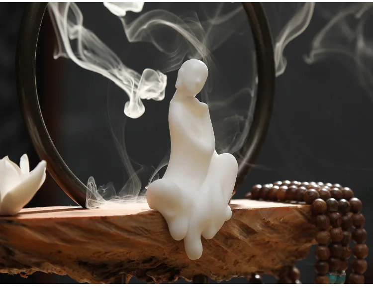 Творческий краткое белый керамический монах лотоса палочка и задний поток благовония горелки деревянная база домашнего искусства декоративные украшения подарок другу