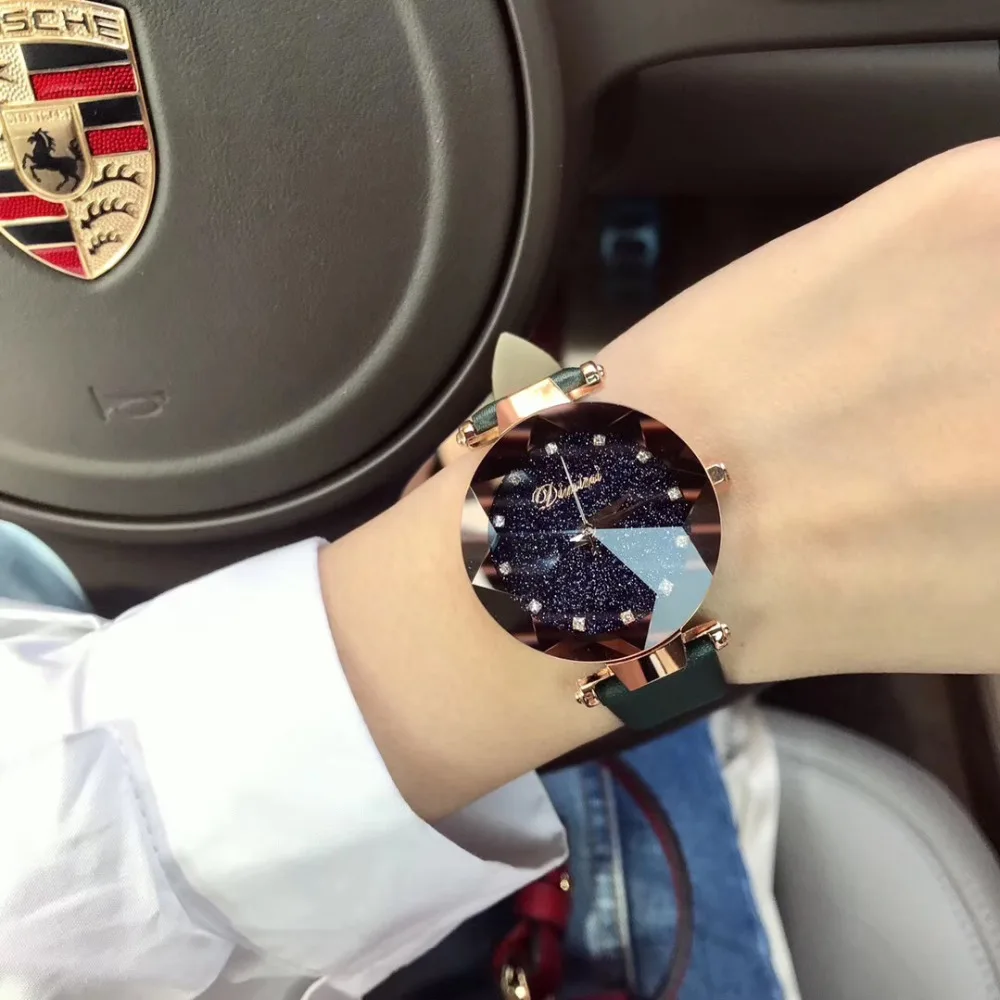 Новая мода, многогранные часы со звездами и кристаллами для женщин, яркие цвета, настоящая кожа, наручные часы, Кварцевые водонепроницаемые часы, Montre