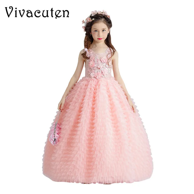 

Flower Girl Dresses Wedding Appliques Ball Gown Girls Formal Dress Birthday Costume Floor Length First Holy Communion Dress F229