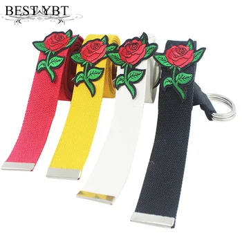 

Best YBT Unisex canvas Belt Metal buckle Rose flowers woven canvas men's Belt fashion casual men &women Double ring buckle Belt
