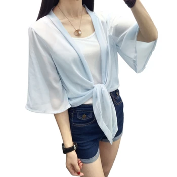 

New 2018 Women Blouses Kimono Cardigan Plus Size Solid Cardigan Women Tops V neck Flare Sleeve Lace Up Loose Chiffon Blouse