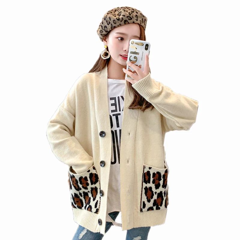 

Woman Oversized Cardigan Sweater Autumn Leopard Print Pocket Knitwear Female Loose Knitted Cardigans Women Beige Khaki Sweaters
