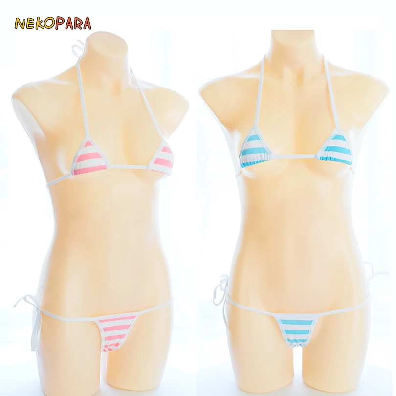 

Blue Pink & White Stripe Sexy Cute Women's Lingerie 2PCS Set Bra & Panties Set Bikini Lolita Underwear Tie Style