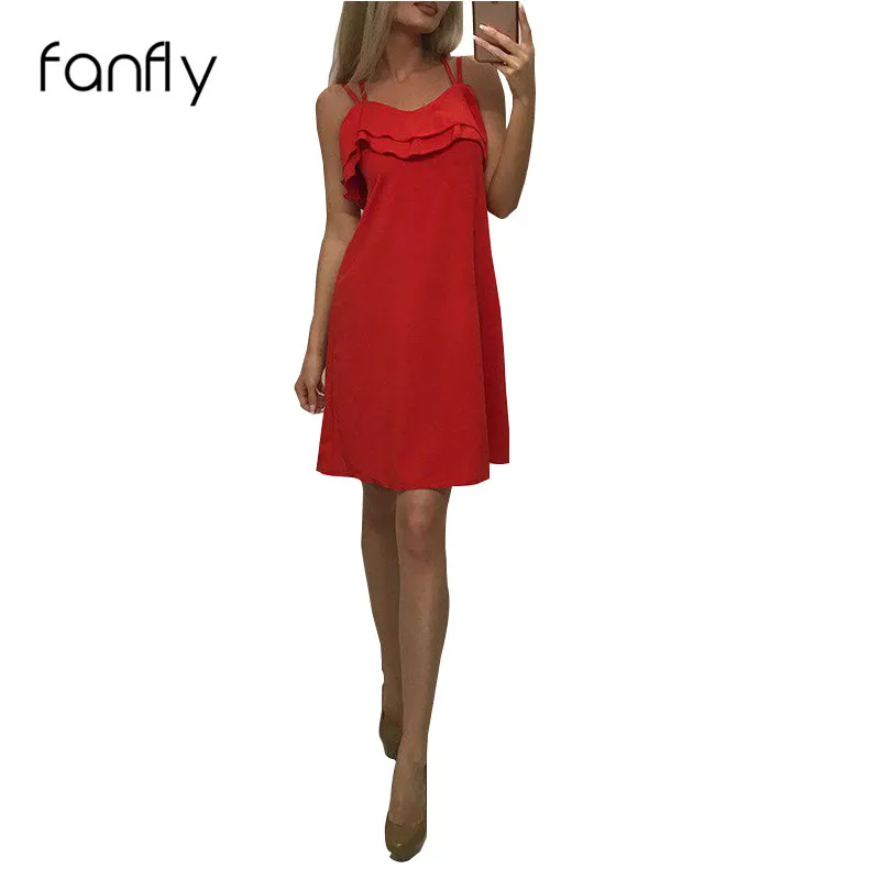 

Summer Women Dress Solid Party Ruffle Dress Off Shoulder Beach Sundress Spaghetti Strap Red Dress Womens Clothing LY010F