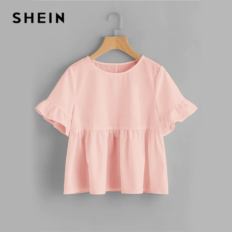 SHEIN, милый розовый топ с манжетами и рюшами, женская блузка, расклешенный подол, круглый вырез, короткий рукав, летние свободные женские топы и блузки