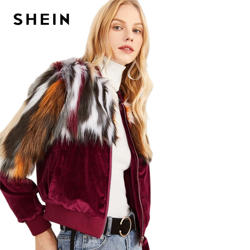 SHEIN Пальто С Контрастным Искусственным Мехом Женское Осеннее Многоцветное Гламурное Пальто С Длинными Рукавами И Стоячим Воротником