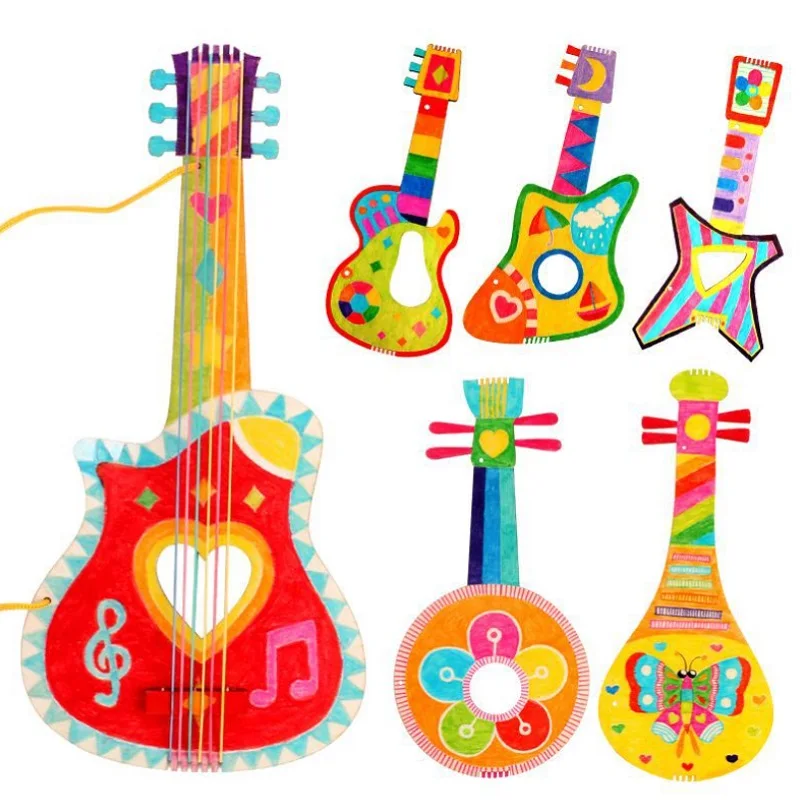 

DIY Children Mini Guitar Toys Handmade Kids Gitaar painting child Ukulele Kindergarten Crafts Teaching Aids Early education Toy