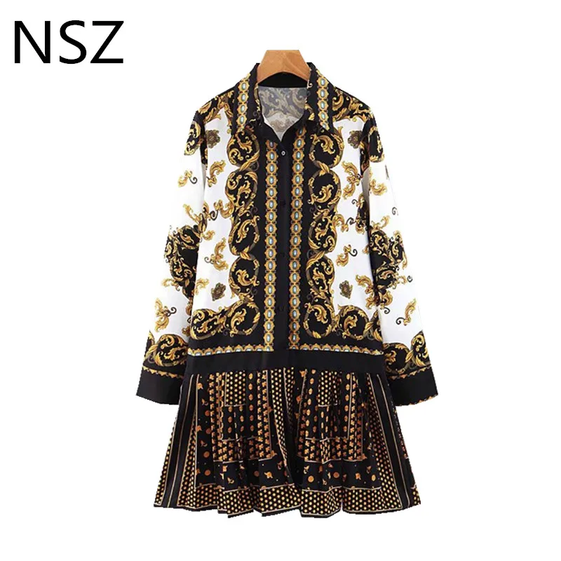 

Women Retro Print Patchwork Pleated Mini Dress Long Sleeve Button Design Dress Female Casual Loose Dress Femme Chic Vestidos