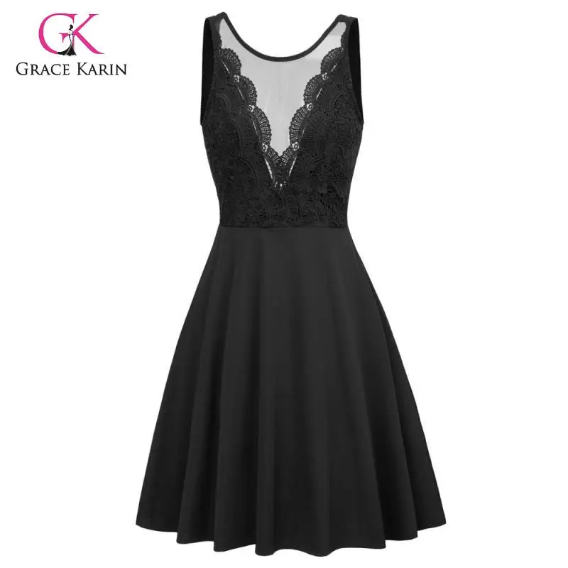 

Grace Karin Sexy Women's Sleeveless Crew Neck U-Back Mesh Patchwork Flared A-Line Dress